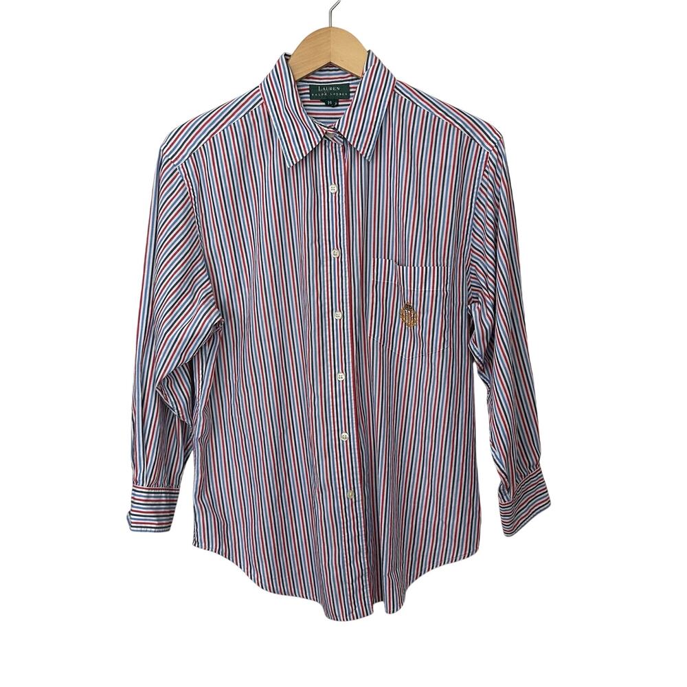 Ralph Lauren Shirt Women's Size 14 Red White Blue Stripe Crown Crest Work Preppy